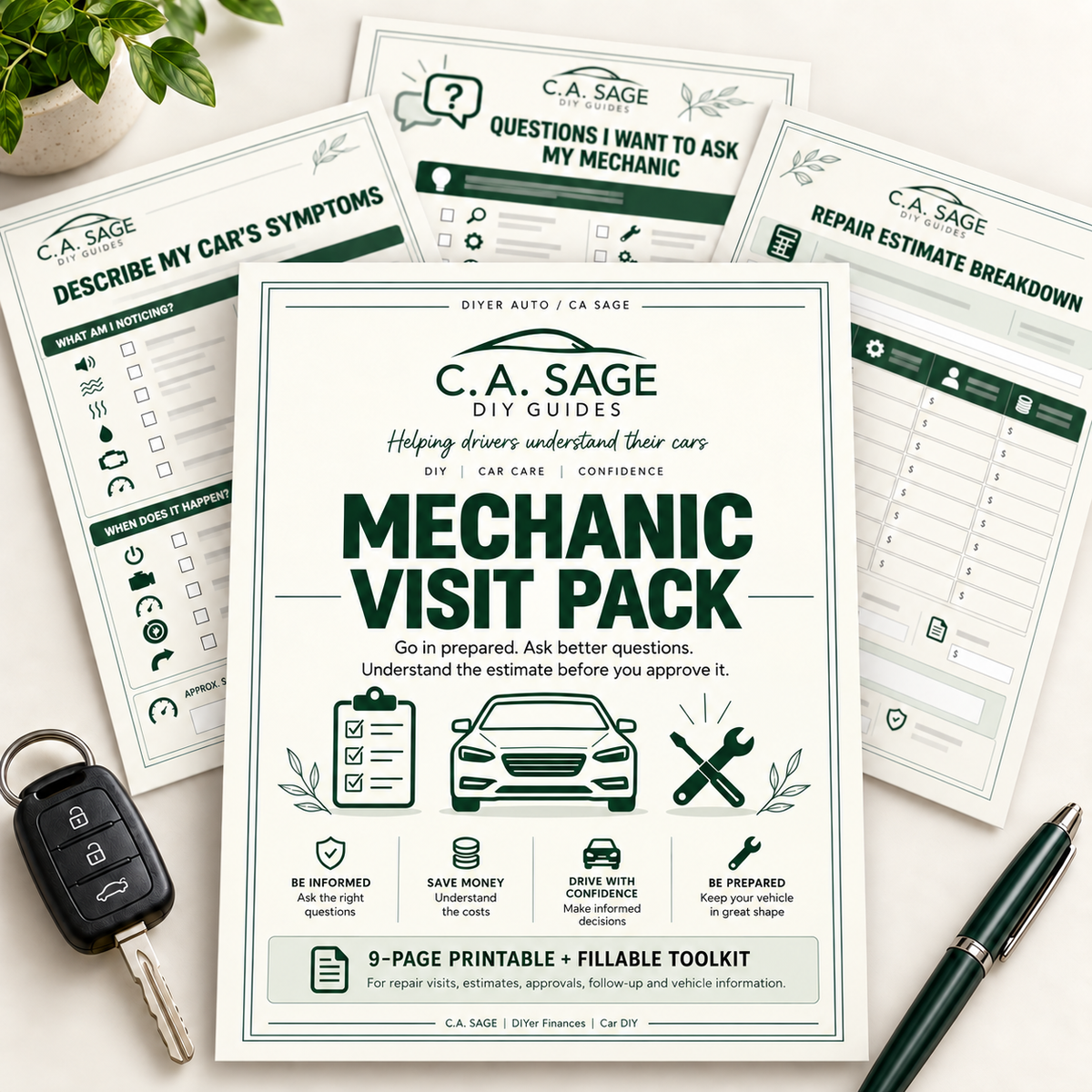 9-page Mechanic Visit Pack teaser showing the cover and glimpses of three worksheets