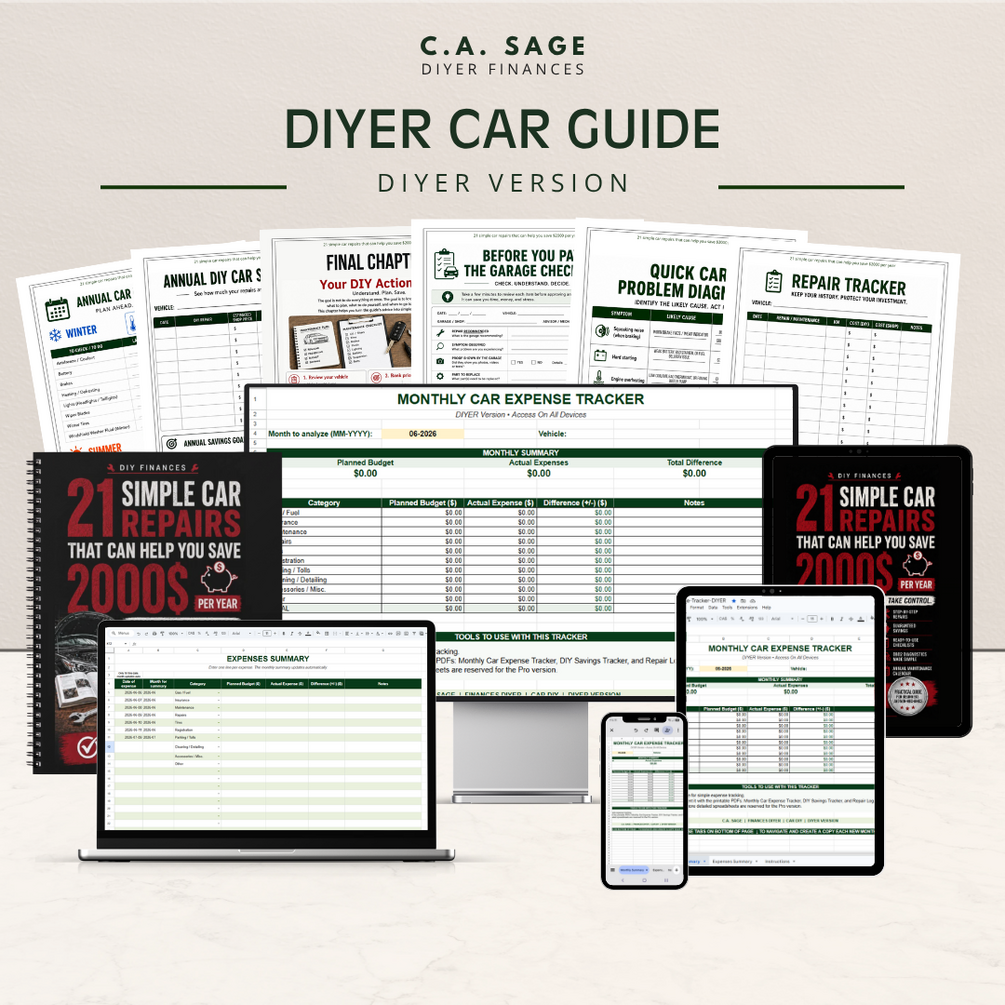 DIYER Car Guide — all included tools shown on desktop, tablet and phone
