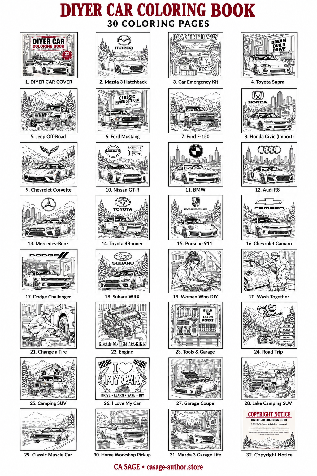 DIYER Car Coloring Book — 30 Coloring Pages