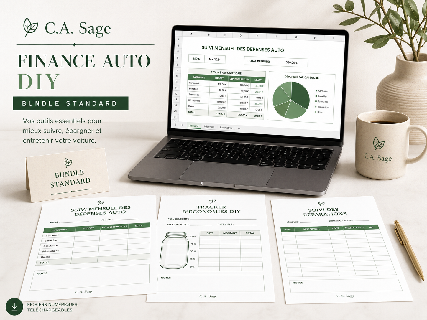 Laptop displaying a finance auto DIY bundle with printed worksheets on a desk.