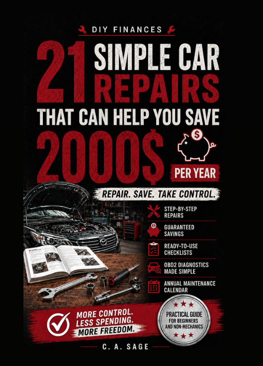 DIYER Car Guide ebook cover on a desk, spiral-bound printout with reading glasses