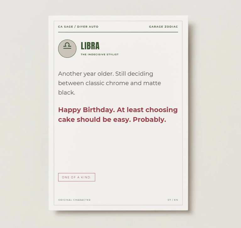 Garage Zodiac Astrology DIY Car Birthday Card – Digital Download  English
