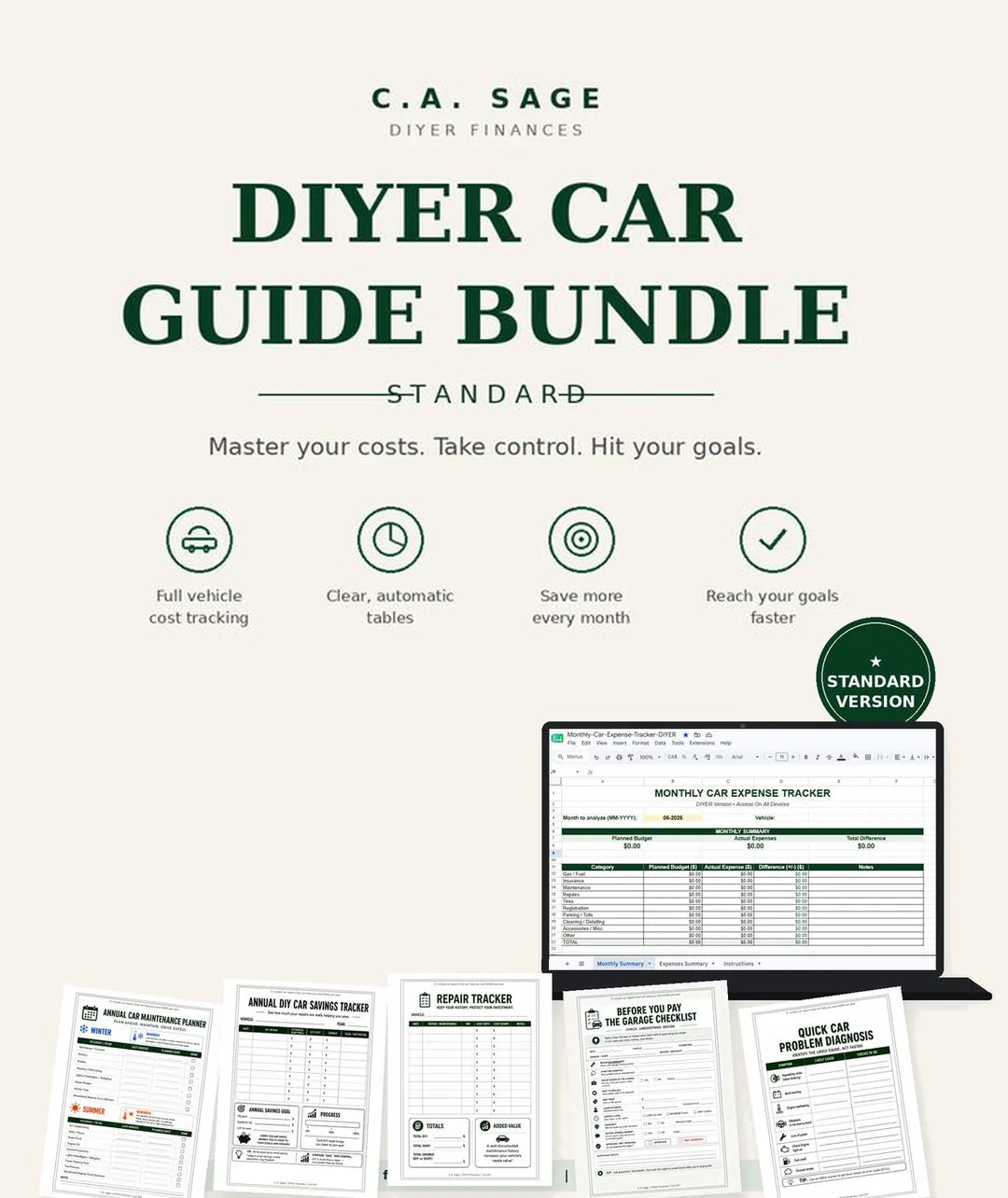 The DIYER Car Guide bundle: ebook shown on a laptop with five printable tools fanned out in front