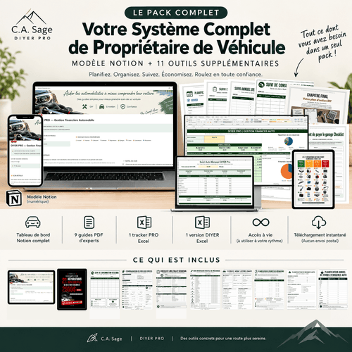 DIYER PRO tableau de bord Notion pour la gestion automobile avec 11 outils numériques inclus