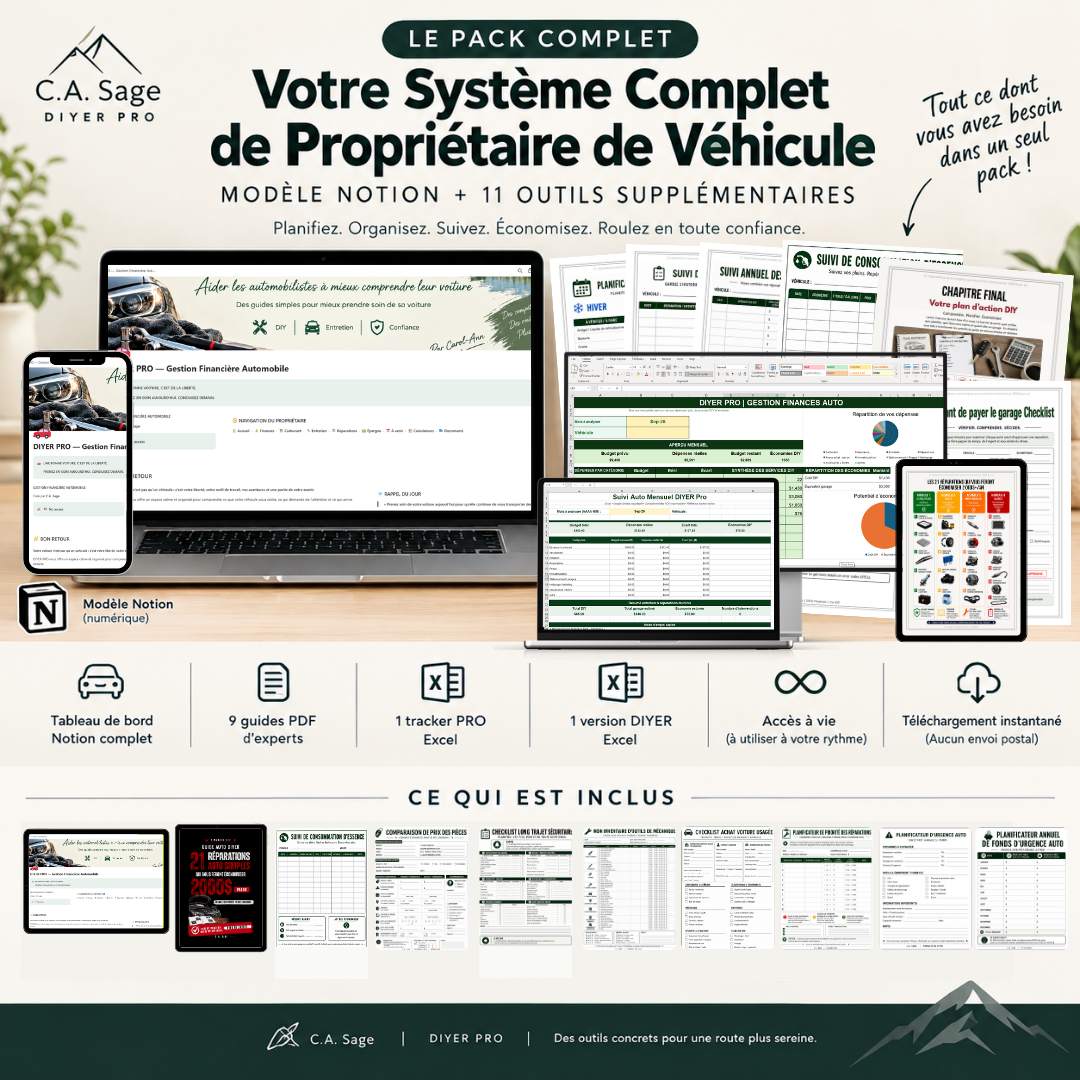 Mise à niveau DIYER PRO Notion - 11 outils + Modèle Notion Gestion Finances Auto