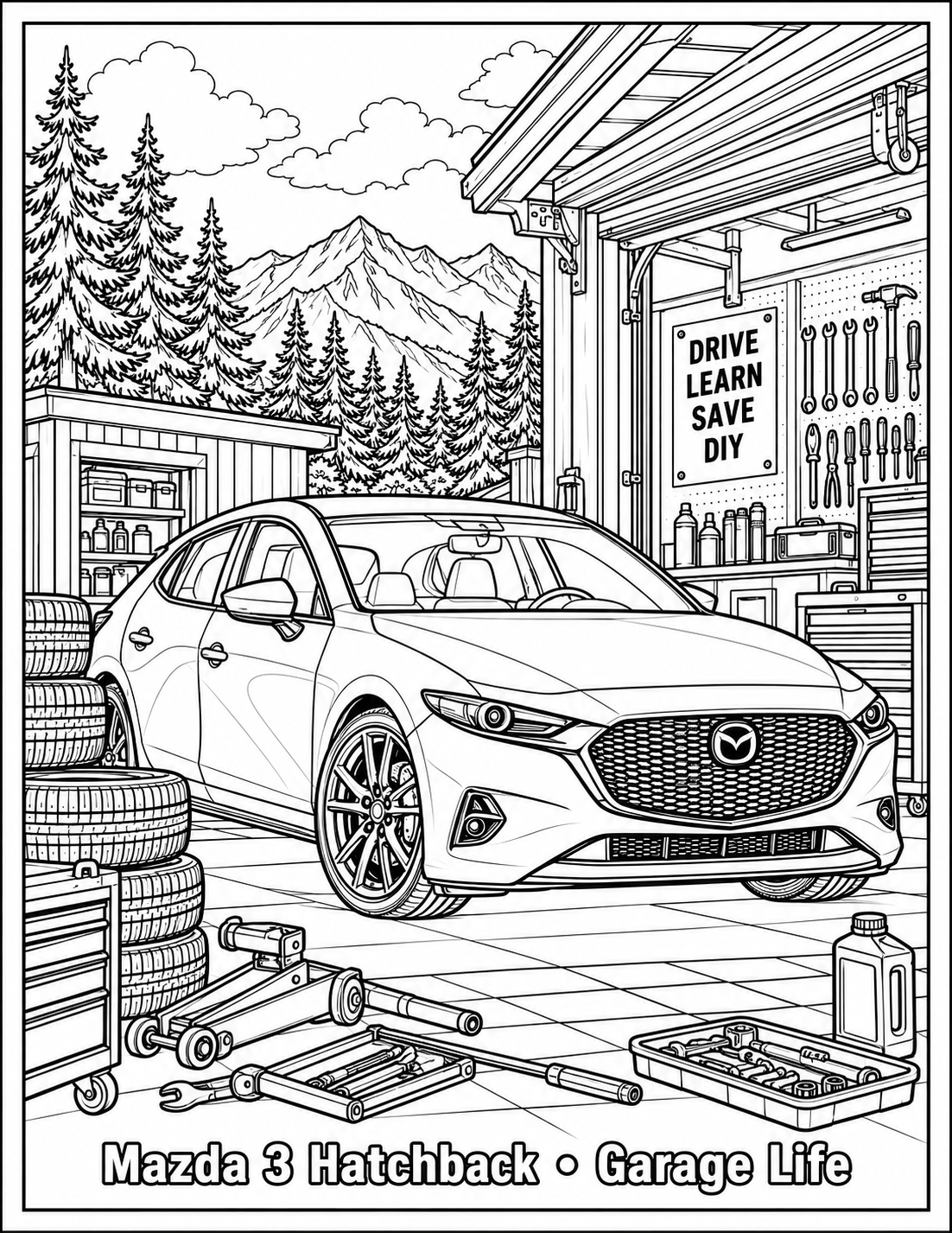 Mazda 3 Hatchback Garage Life black-and-white colouring page