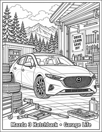 Mazda 3 Hatchback Garage Life black-and-white colouring page