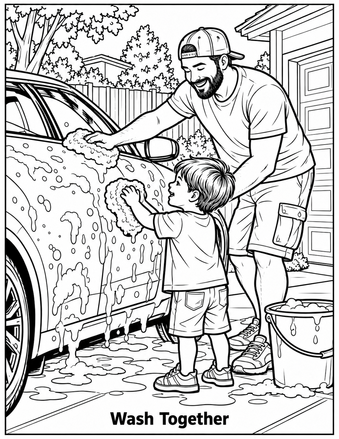 Wash Together colouring page showing a parent and child washing a car